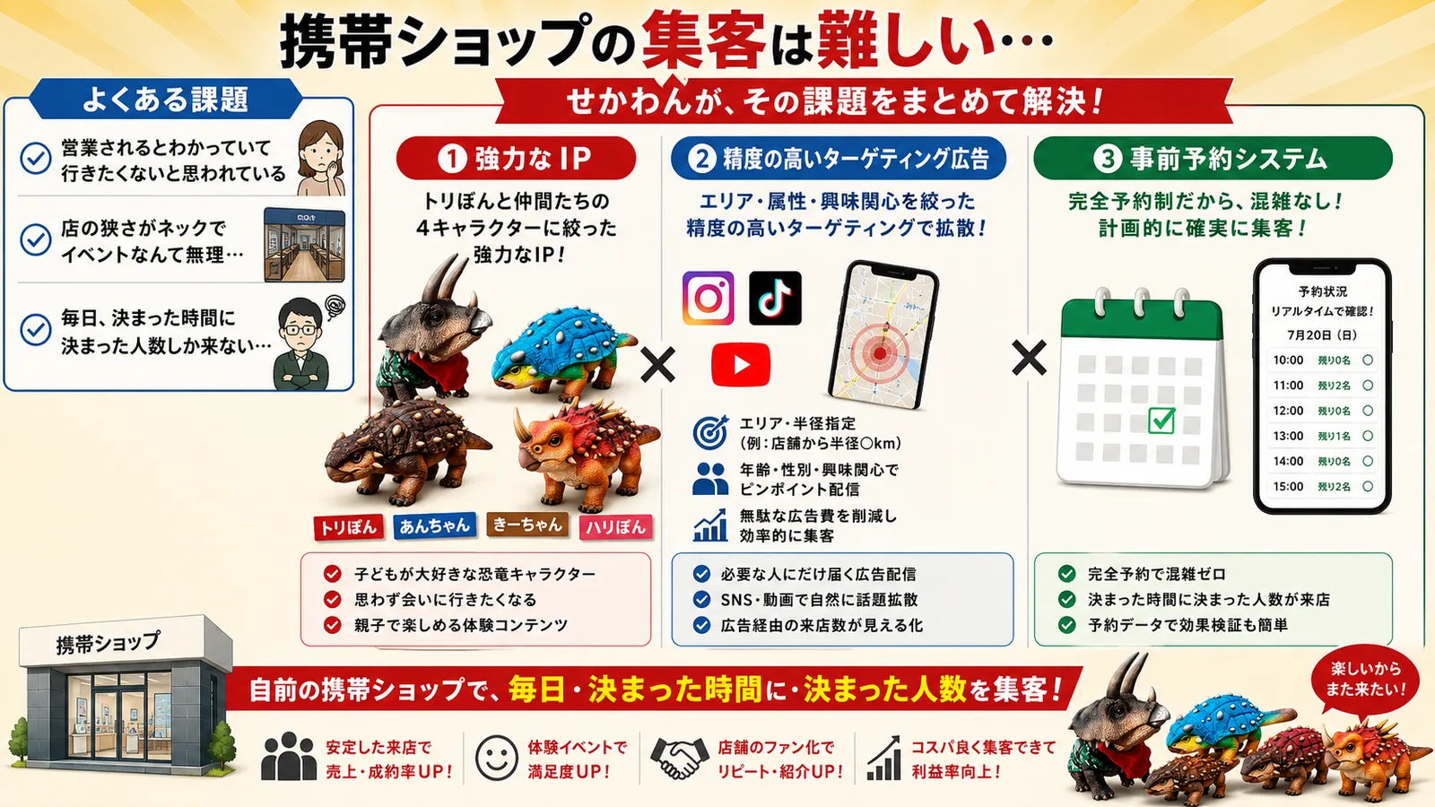 集客の課題と、IPキャラクターによる解決の流れを示した図解