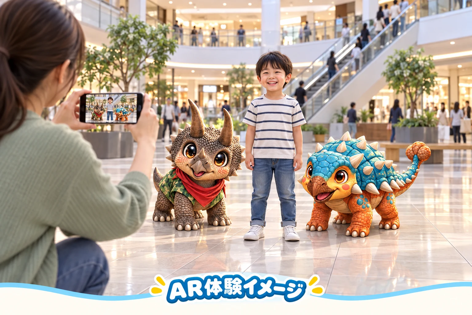 子どもの両側にトリぼんとあんちゃんをAR表示し、親がスマートフォンで記念撮影する利用イメージ