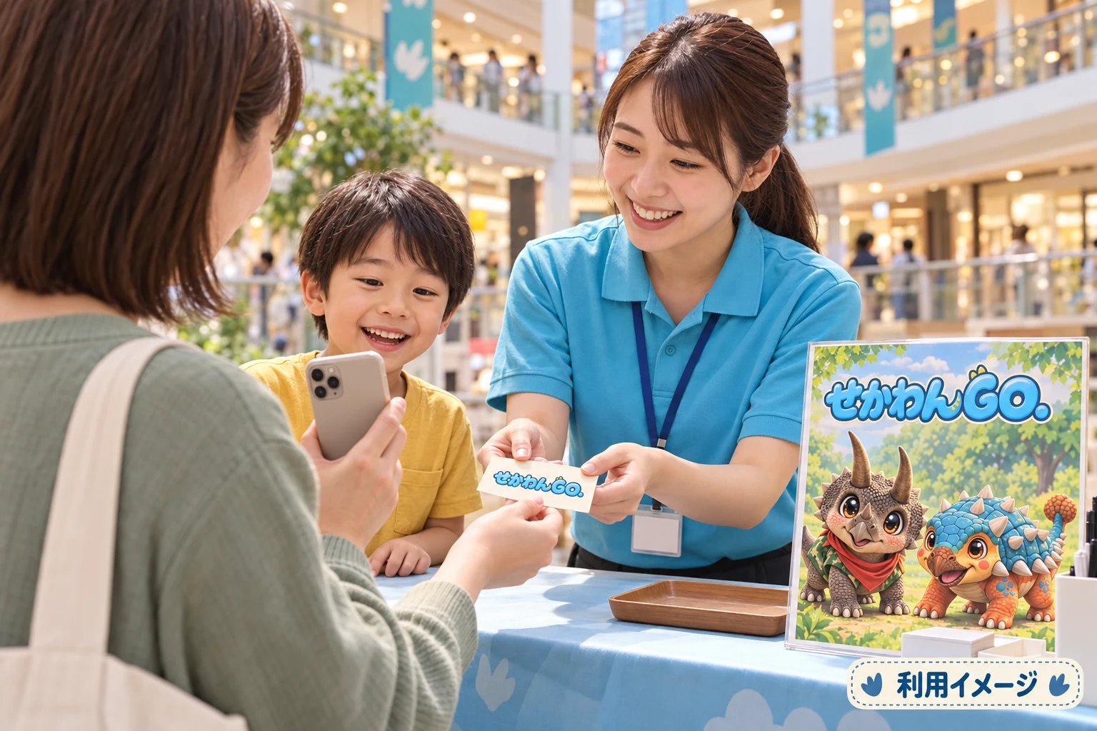 イベント受付で保護者が登録画面を示し、スタッフから小さな特典チケットを受け取る利用イメージ
