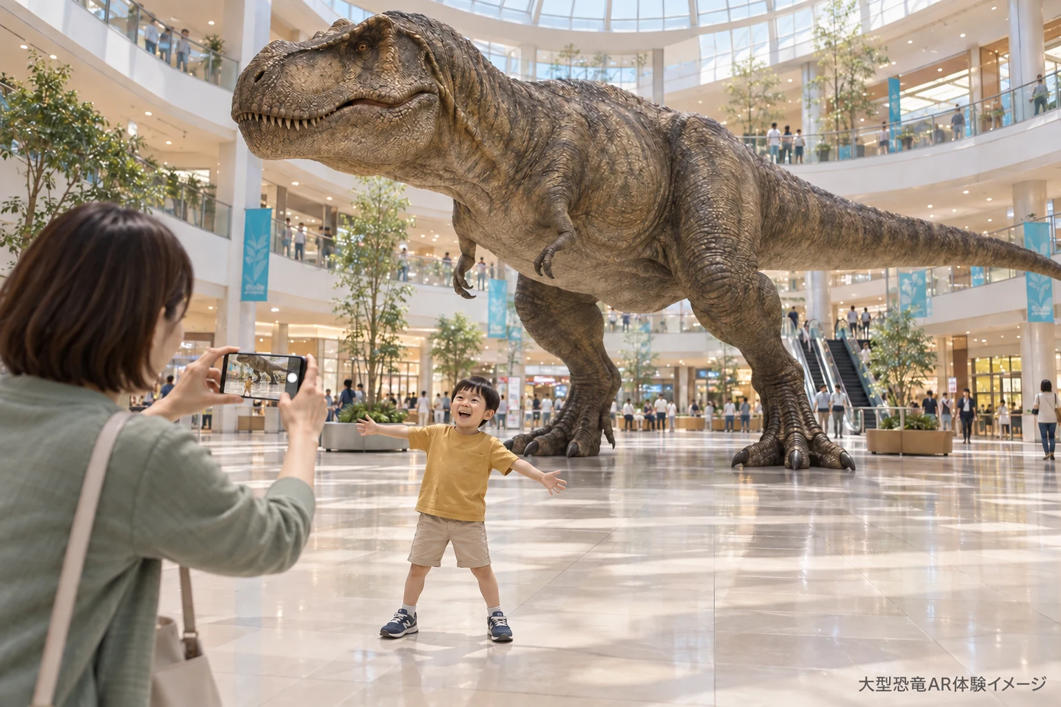 大型ショッピングモールの吹き抜けで、巨大なティラノサウルスと子どもを親がスマホで撮影するAR体験イメージ