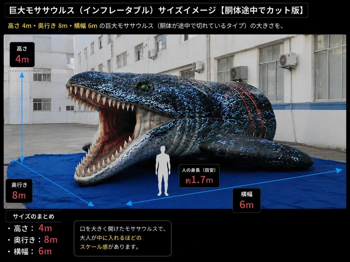 人と並べて大きさを比較した巨大モササウルス（インフレータブル）