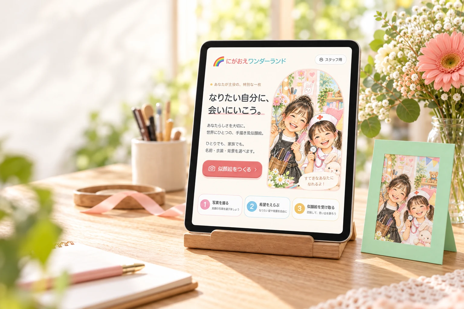 にがおえワンダーランドの受付アプリの画面。写真を撮る・希望をえらぶ・似顔絵を受け取るの3ステップが表示されている