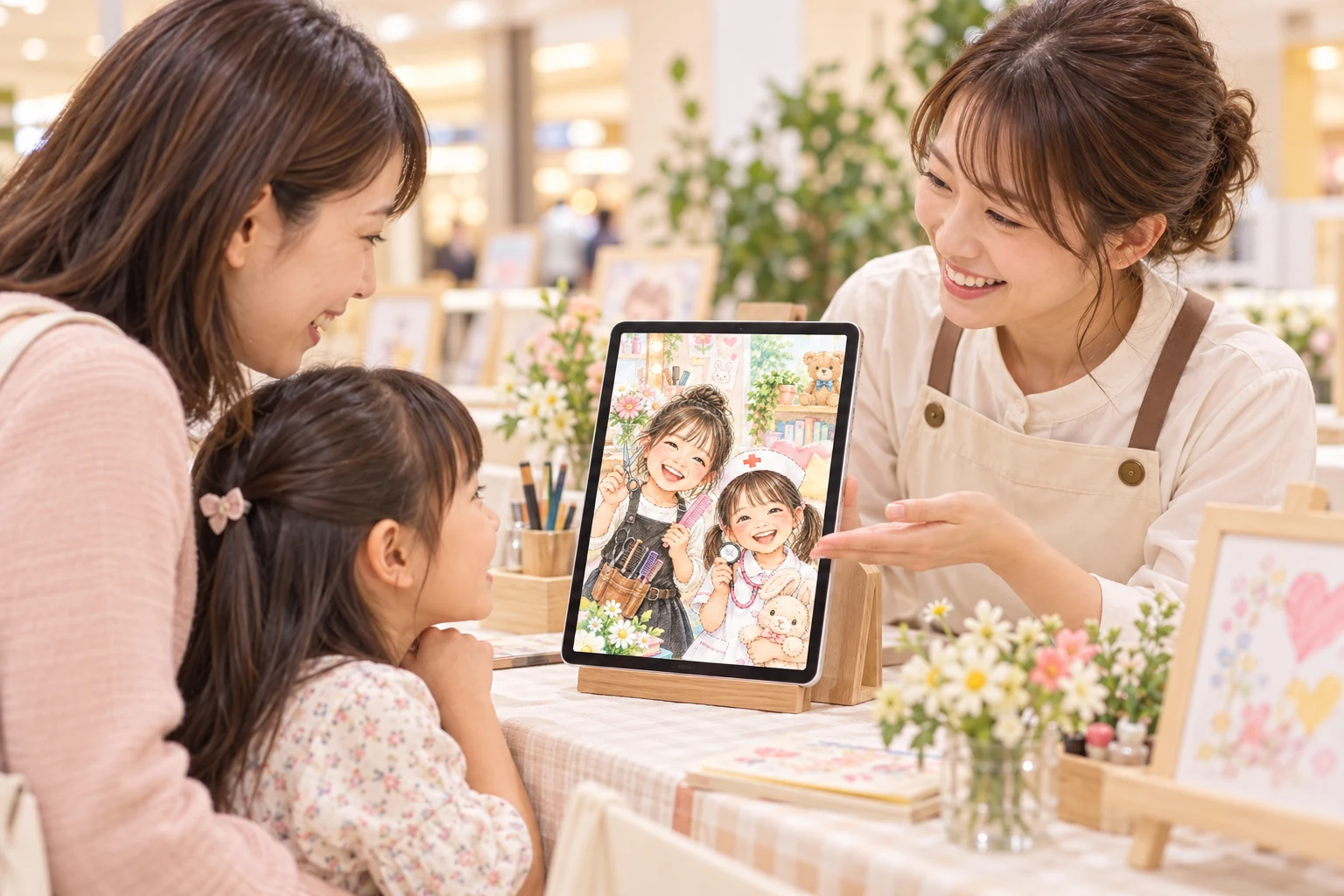 商業施設のブースで、できあがった似顔絵をタブレットで見せるスタッフと、のぞき込むお母さまとお子さま