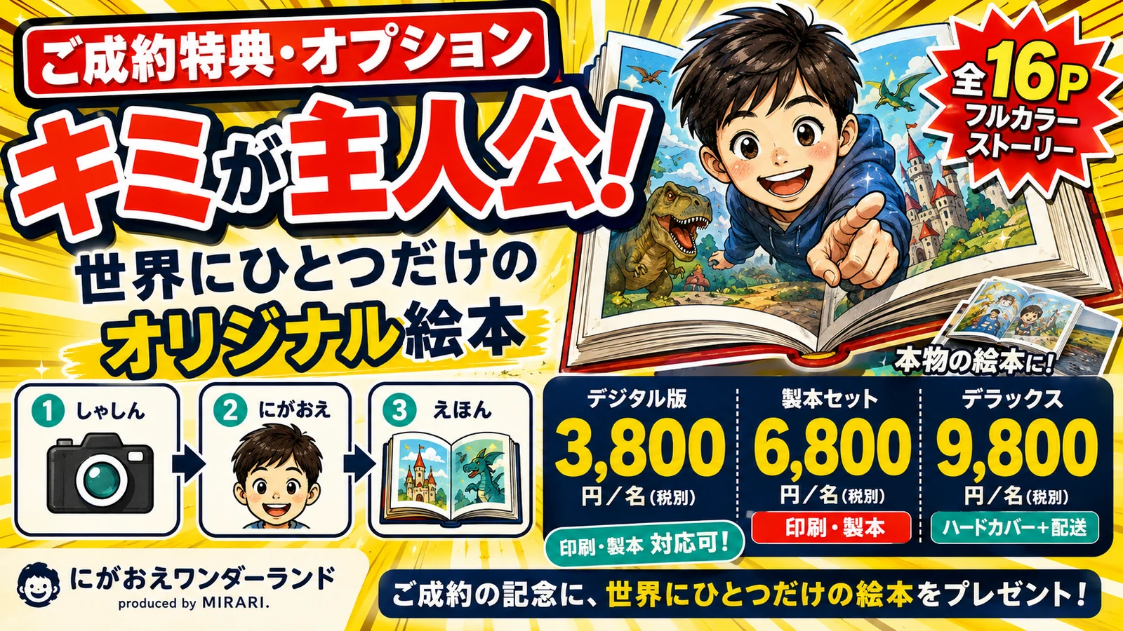 成約特典オプション「キミが主人公！世界にひとつだけのオリジナル絵本」。似顔絵が物語の主人公になる全16ページ・フルカラーの絵本。デジタル版3,800円／名、製本セット6,800円／名、デラックス（ハードカバー＋配送）9,800円／名。いずれも税別
