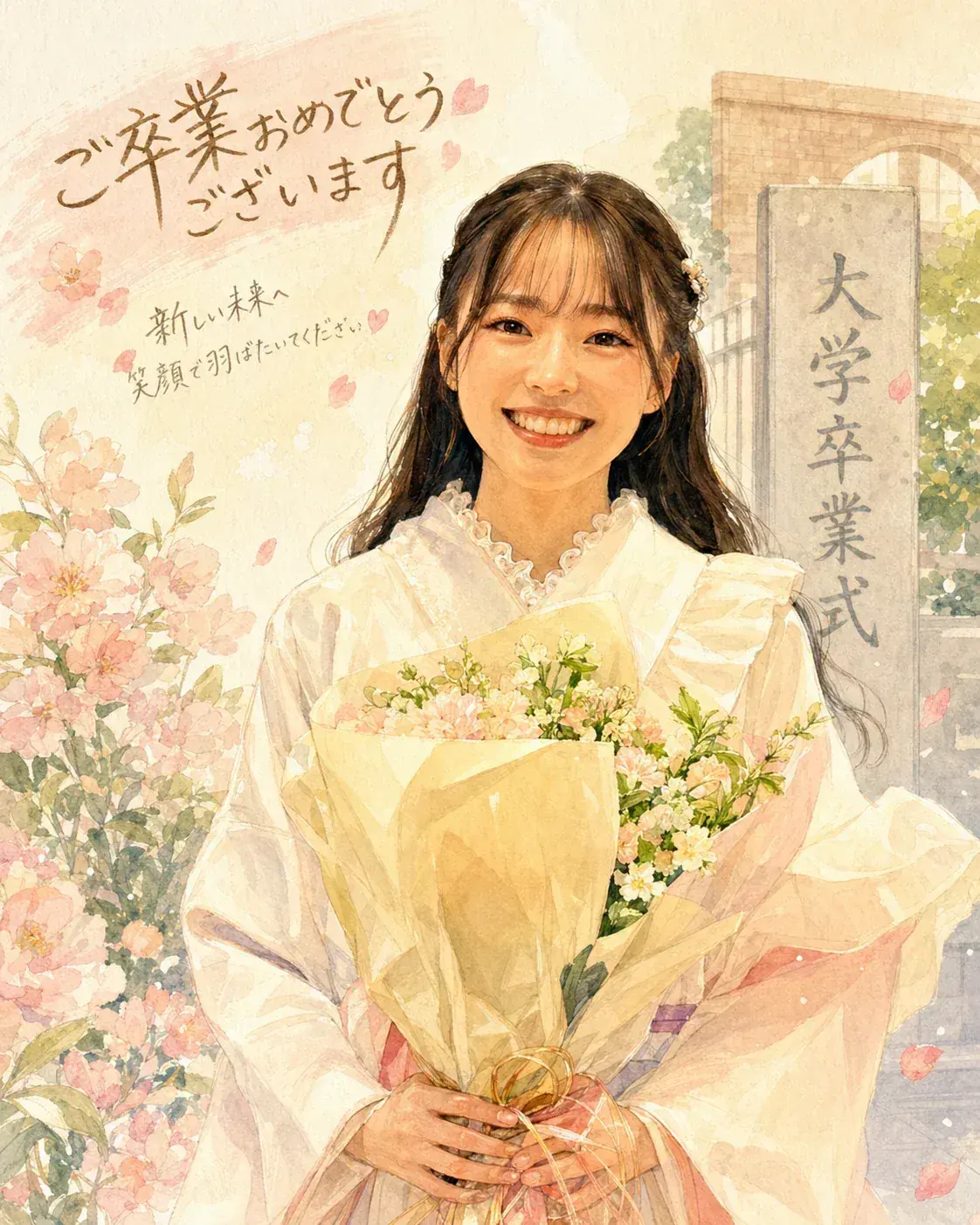 桜と花束をあしらった水彩タッチの卒業記念似顔絵作品