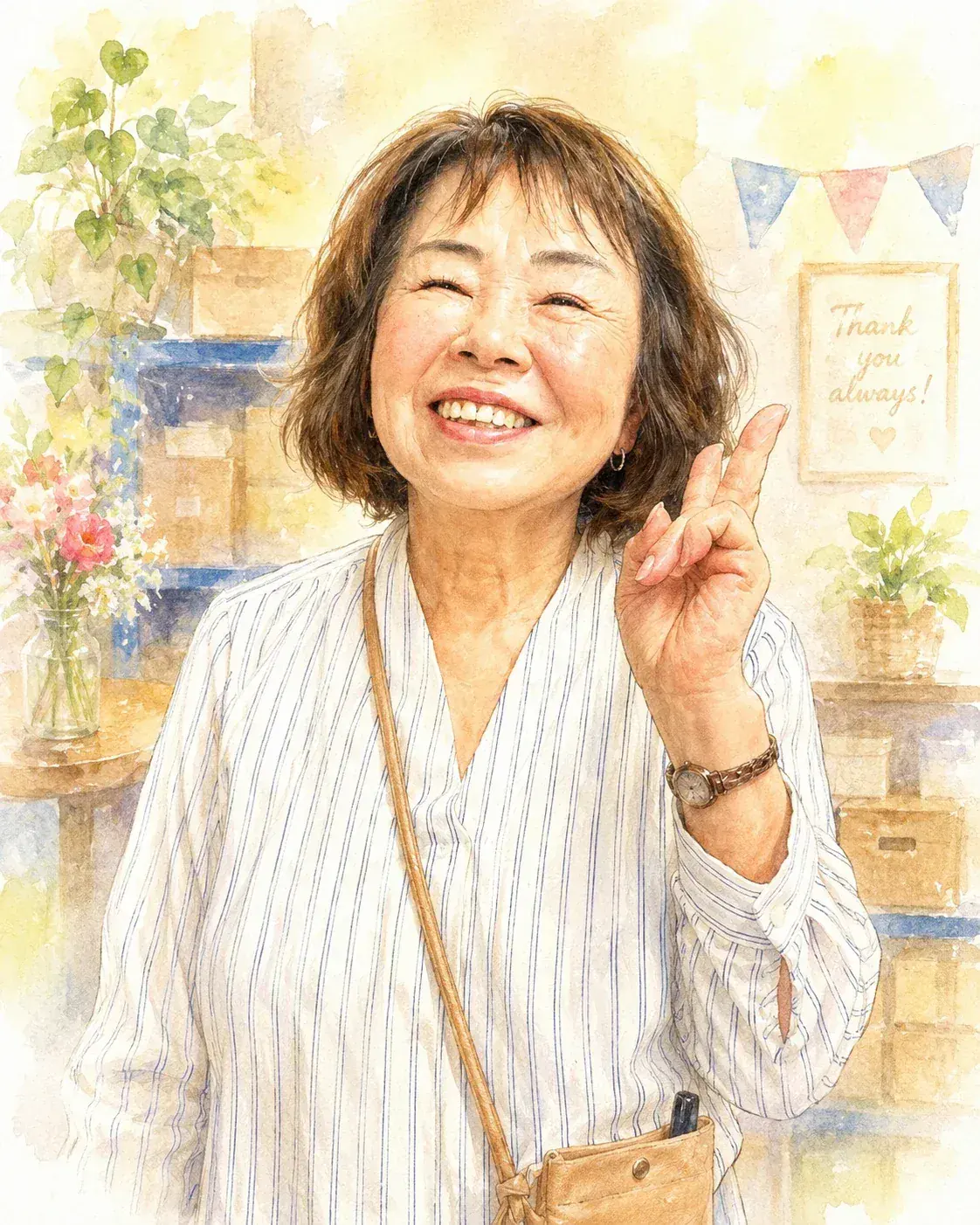 温かみのある水彩タッチで笑顔を描いた似顔絵作品
