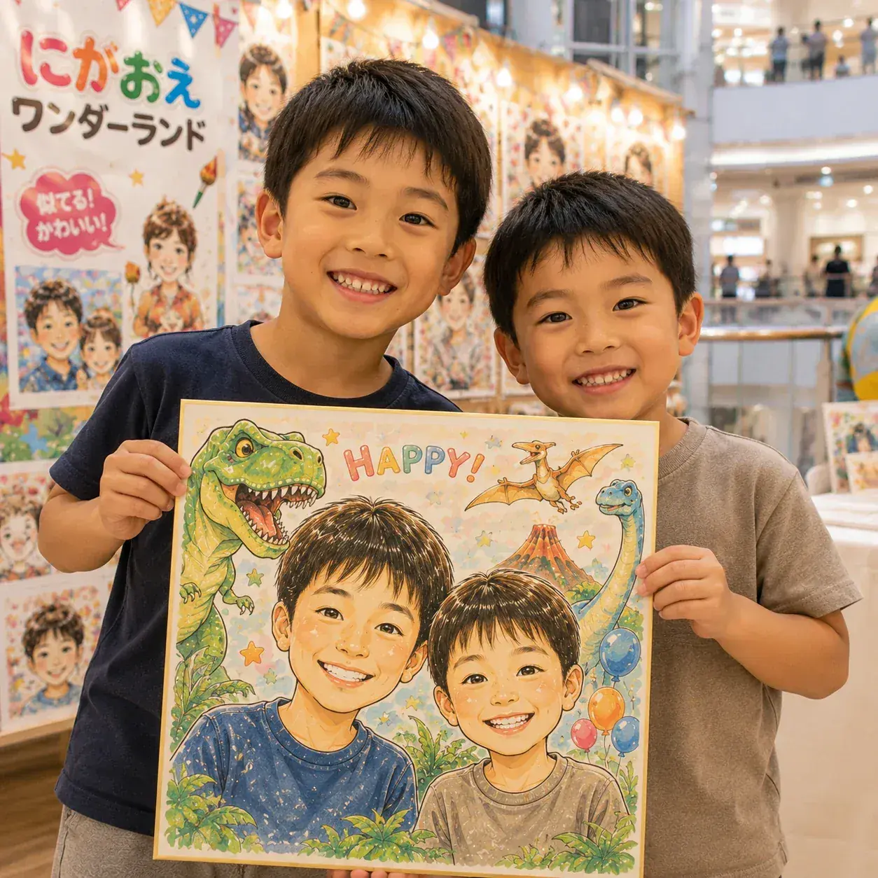 恐竜と「HAPPY!」の文字が描かれた似顔絵作品を持つ男の子2人