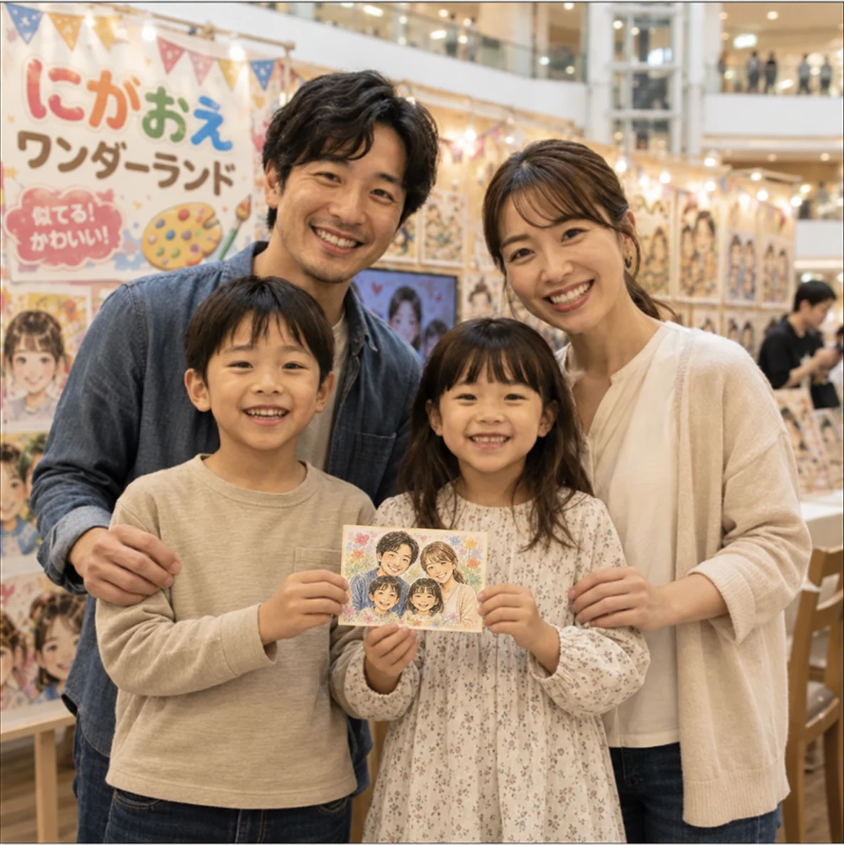 花柄水彩タッチで家族4人を1枚に描いた似顔絵作品