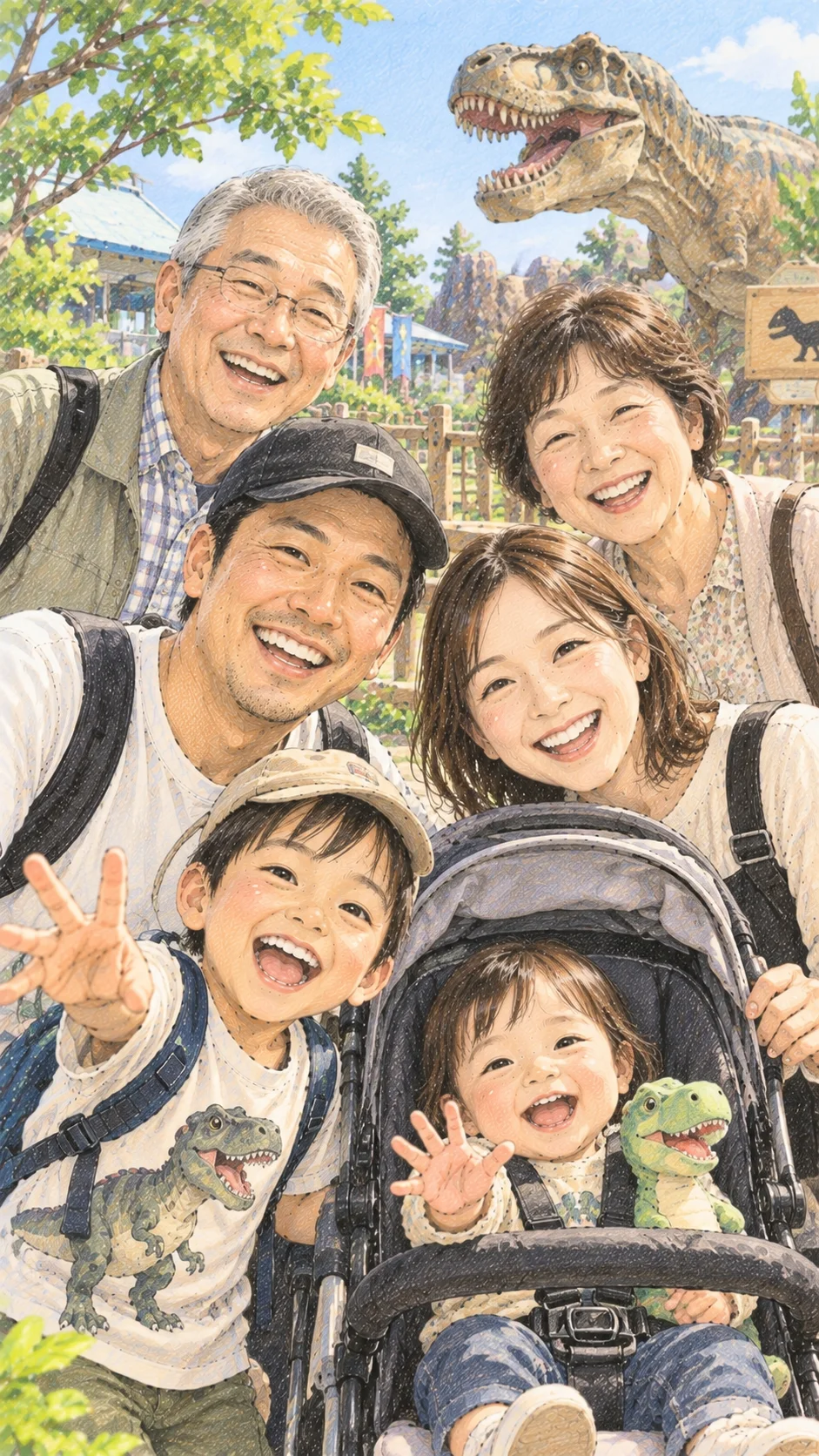 三世代のご家族6人を1枚に描いた色鉛筆タッチの似顔絵作品。後ろに恐竜
