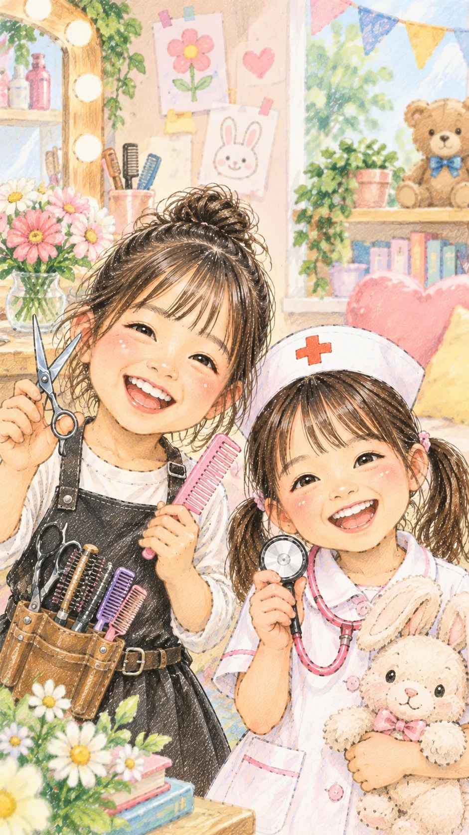美容師さんと看護師さんの衣装を着た女の子2人の似顔絵作品