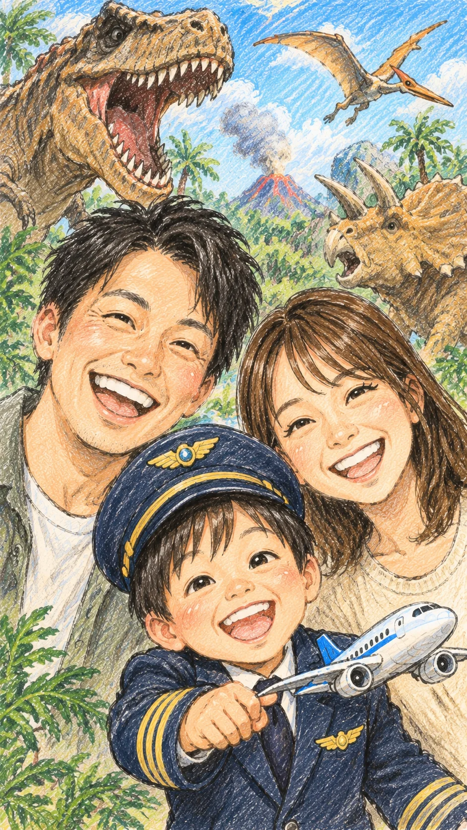 パイロットの制服を着た男の子とご両親を描いた似顔絵作品。恐竜と飛行機