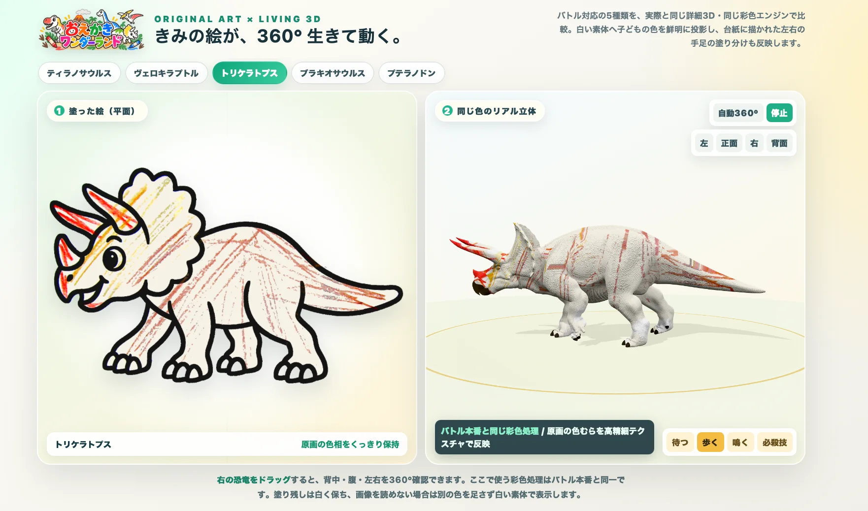 左に子どもが塗ったトリケラトプスの平面画、右に同じ色をまとった360度回転するリアルな立体モデルを並べた比較画面