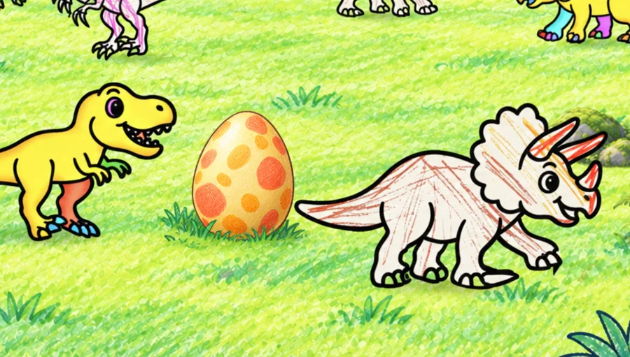 草原に置かれたオレンジ色の水玉模様の卵と、子どもが塗った黄色のティラノサウルス・白いトリケラトプス