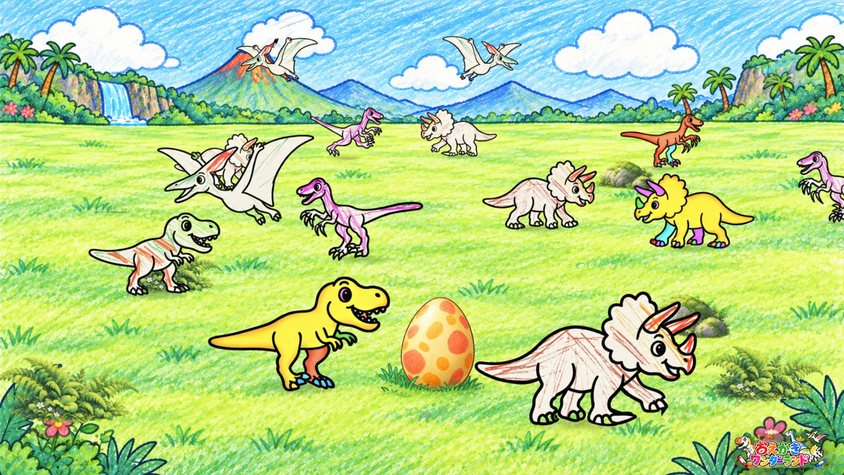 子どもたちが塗った恐竜が何体も歩く草原の画面。火山・滝・翼竜が描かれた背景