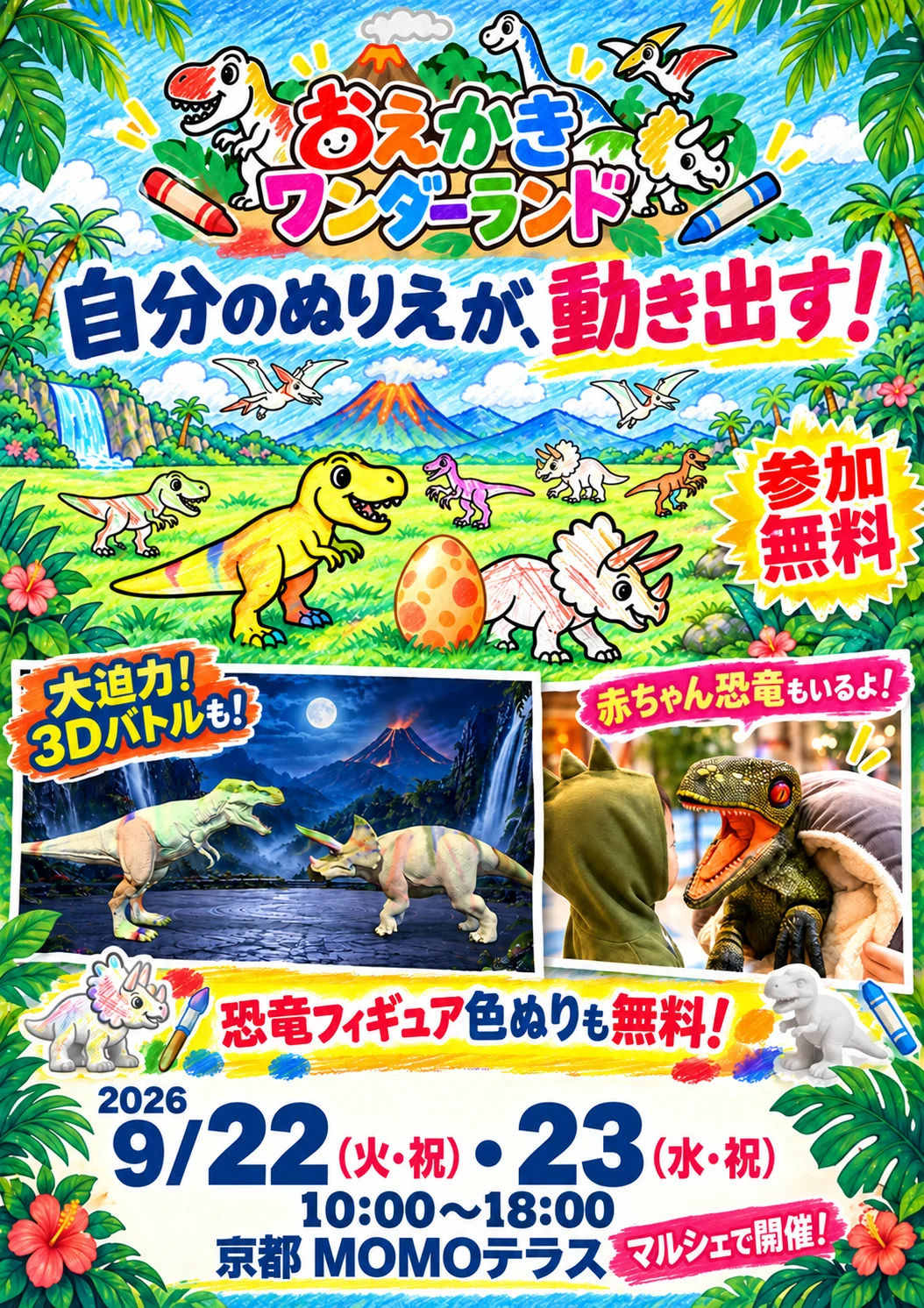 MOMOテラス様の事前告知ポスター。自分のぬりえが動き出す、参加無料、開催日時と会場を1枚にまとめたデザイン