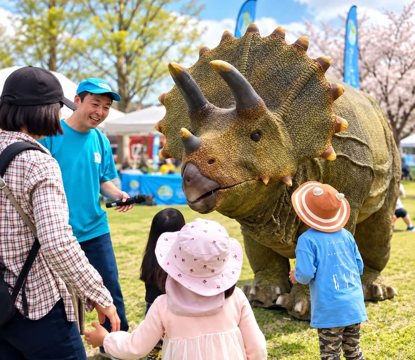 トリケラトプスの着ぐるみ恐竜に近づく親子と、マイクで進行するスタッフ
