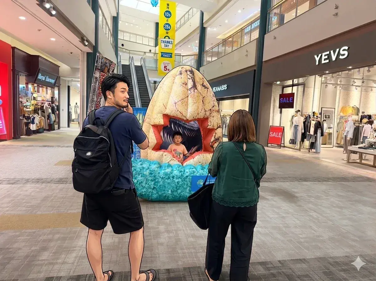 子供が恐竜の卵の中に入って撮影するフォトブース