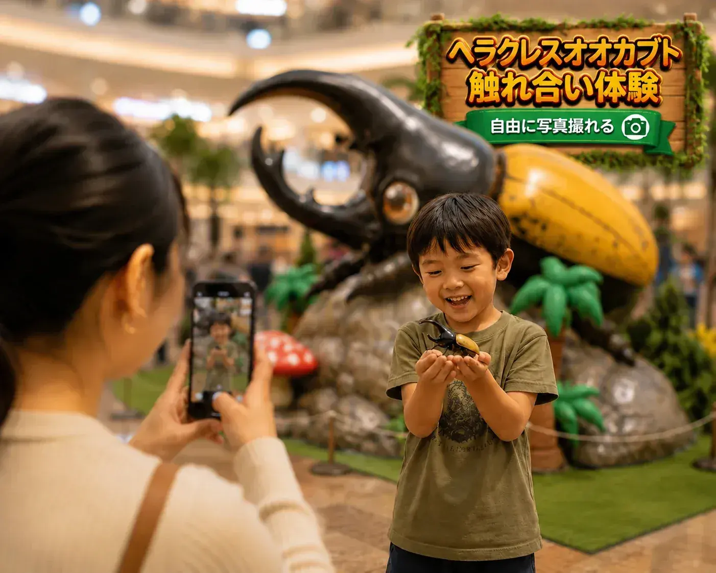 来場者が本物のヘラクレスオオカブトの成虫と一緒に記念撮影している様子