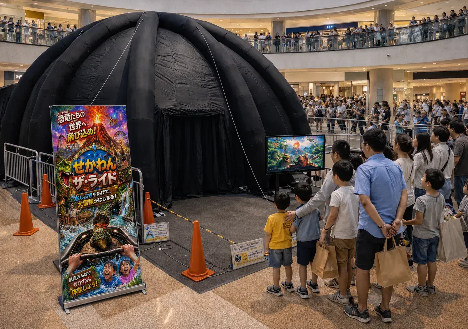 ショッピングモールのセンターコートに設置されたドーム型テントと集まる来場者