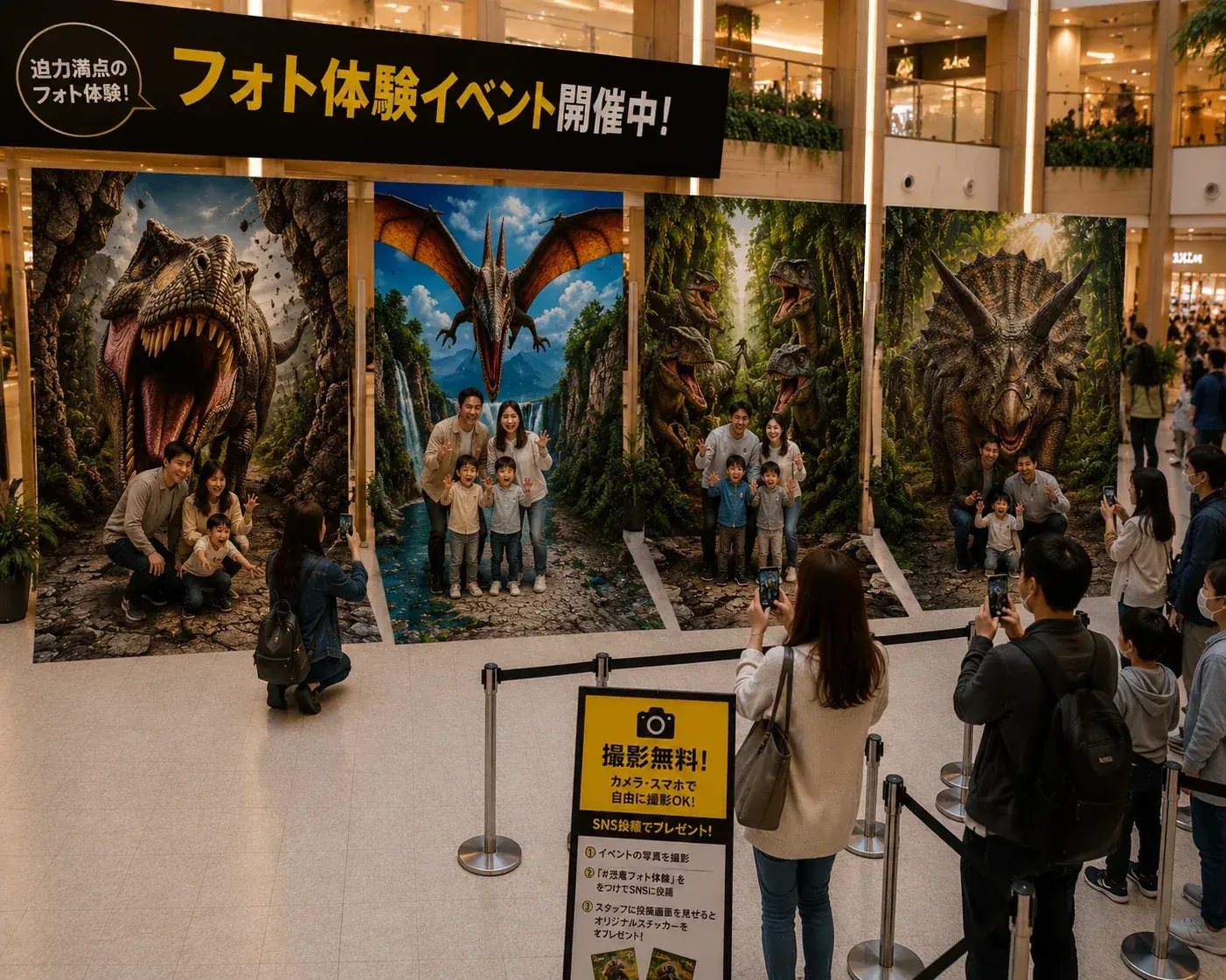 スタンド付き恐竜トリックアートタペストリーを並べたフォトブース